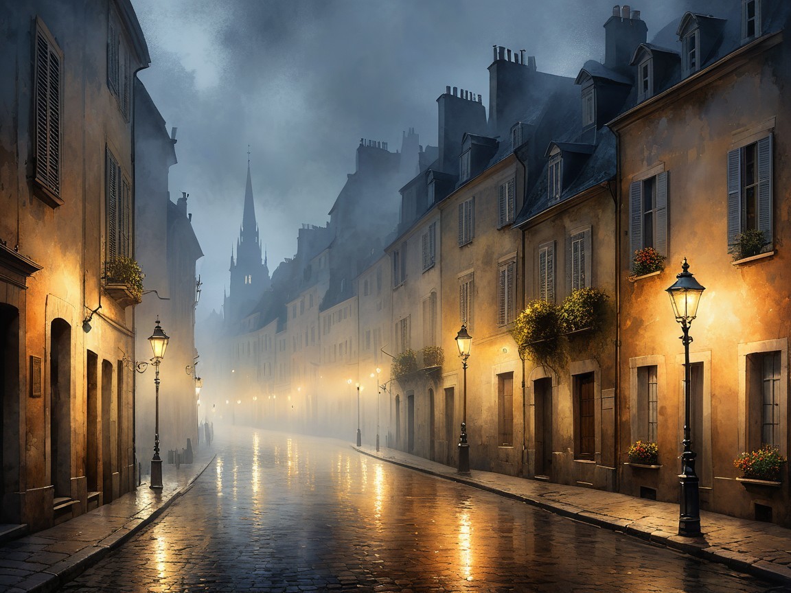 Foggy Twilight Street Scene in a European Town