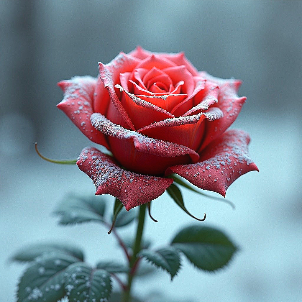 Close-Up of a Frosted Red Rose in Winter Setting