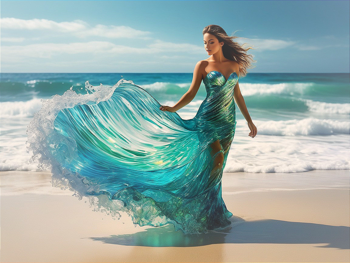 Woman in Turquoise Gown on Sandy Beach by Waves