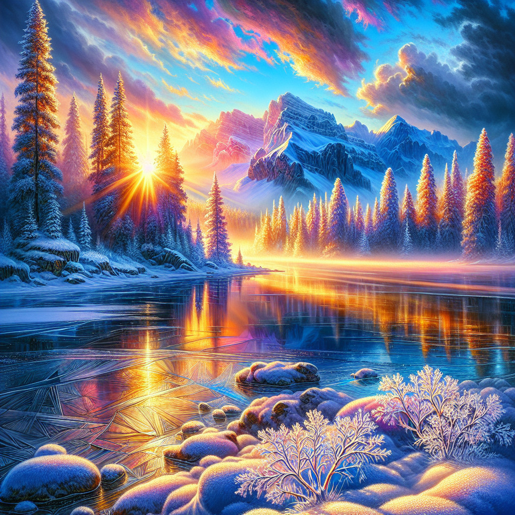 Winter Landscape with Snowy Trees and Sunset Reflections