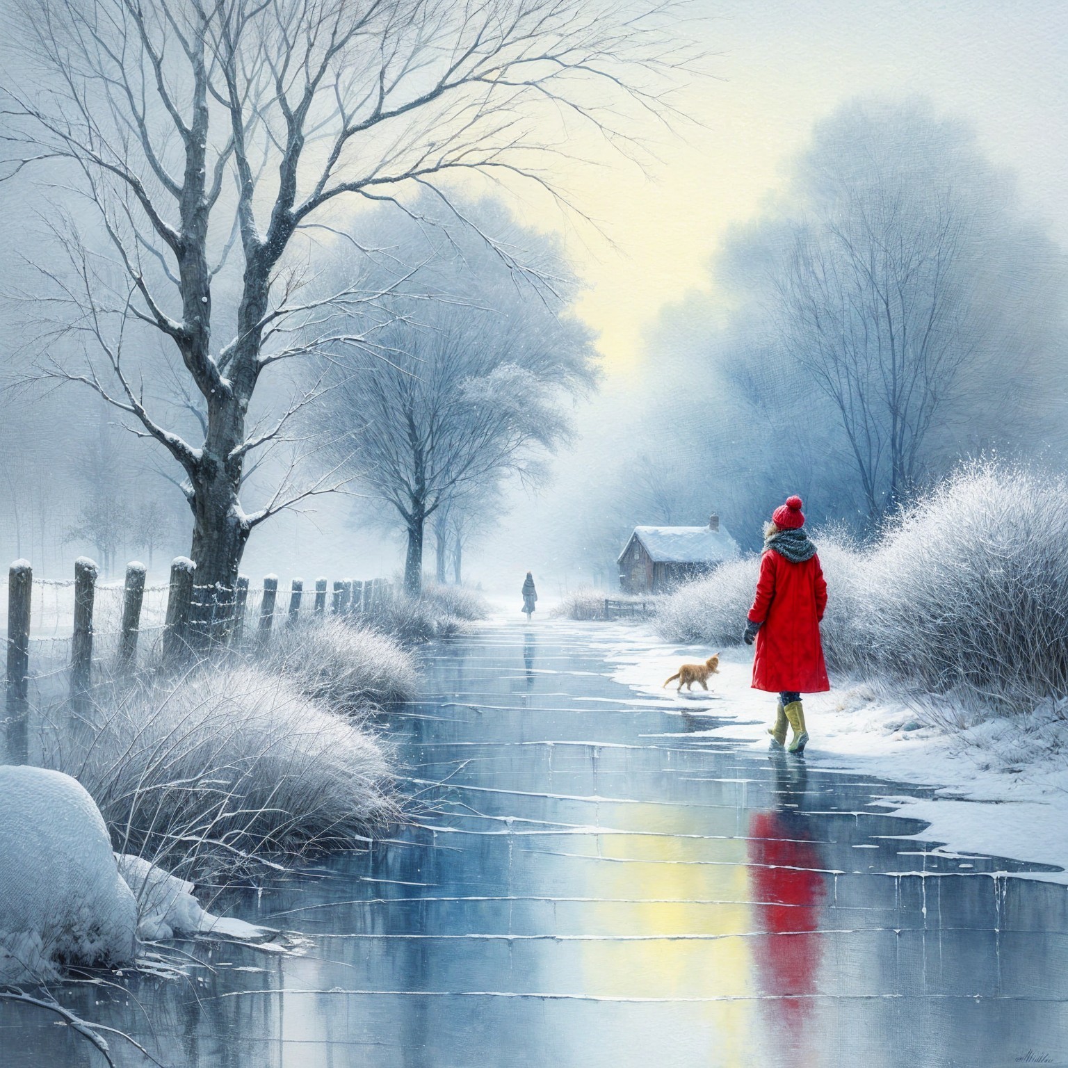 Winter Landscape with Person, Dog, and Cabin