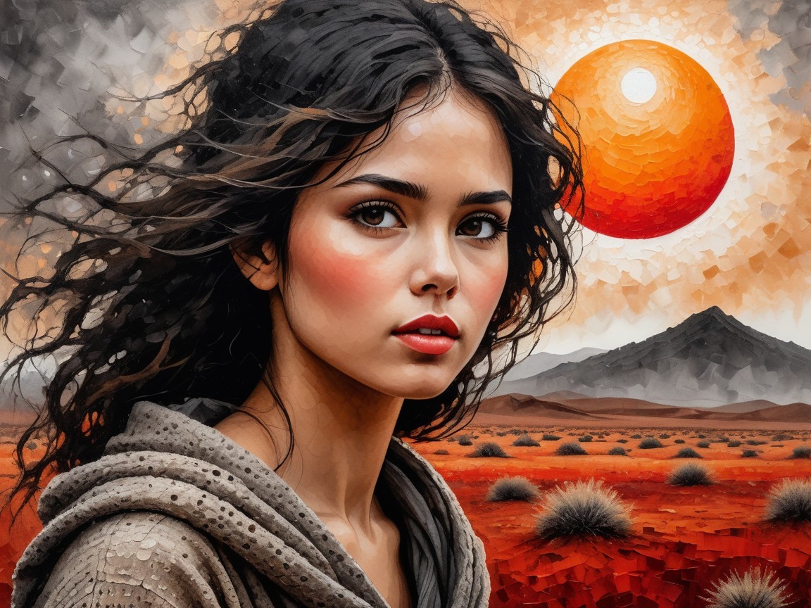 Young woman in desert landscape at sunset