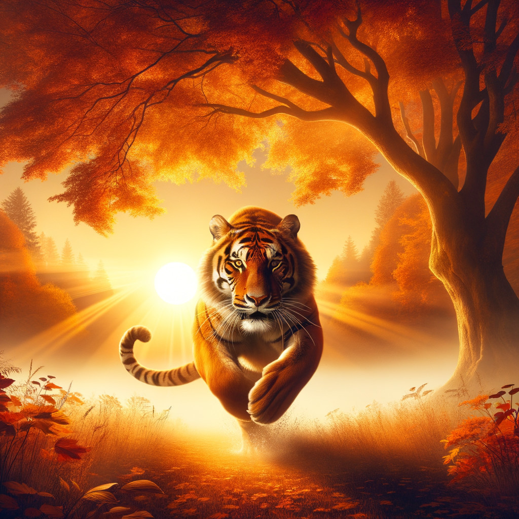 Tiger Running in Vibrant Autumn Landscape at Sunset