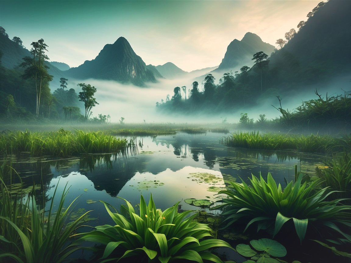 Tranquil Landscape with Water and Lush Greenery