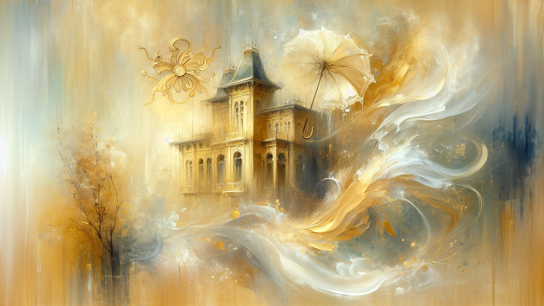Swirling Golden Hues in Vintage Mansion Scene