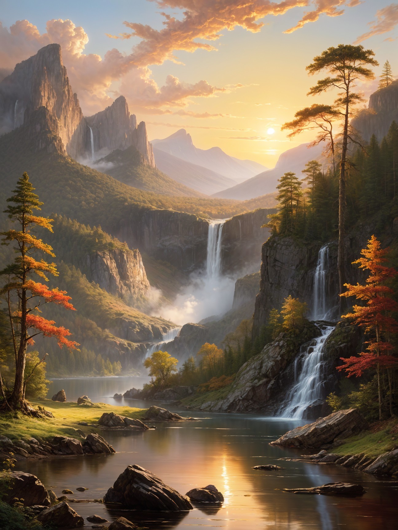 Majestic Mountains and Waterfalls in Autumn Landscape