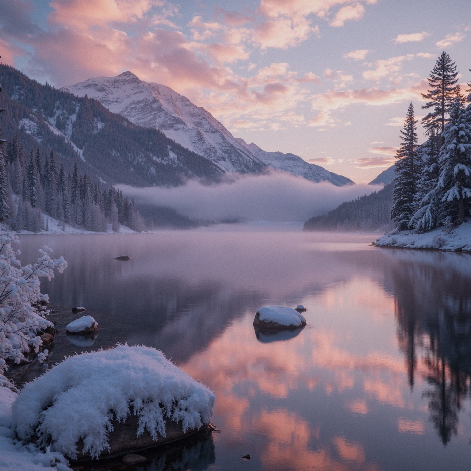 Serene Winter Landscape with Tranquil Lake and Mountains