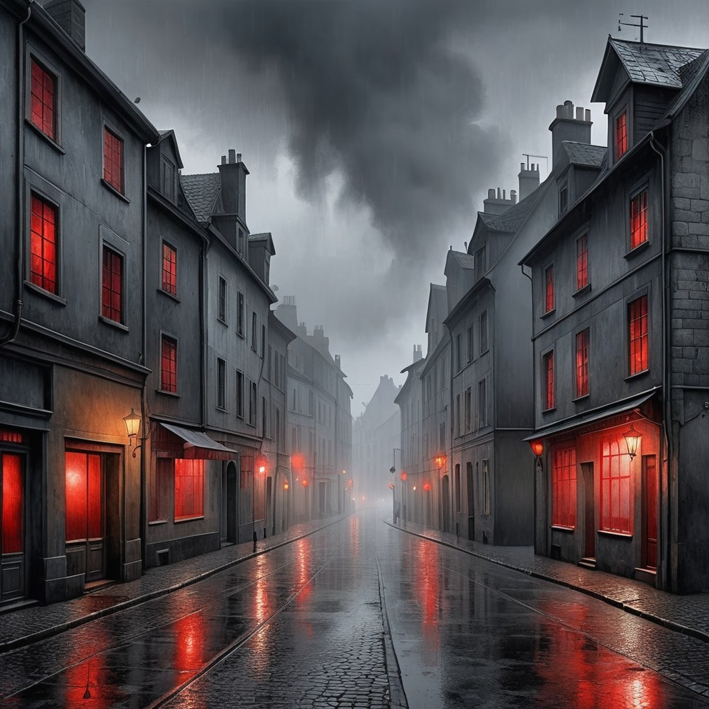 Moody Street Scene with Dim Lights and Misty Atmosphere
