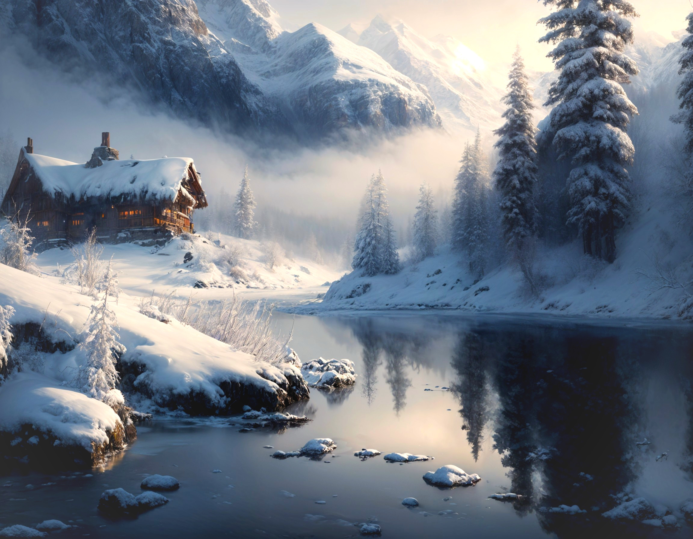 Winter Landscape with Cabin and Snowy Mountains