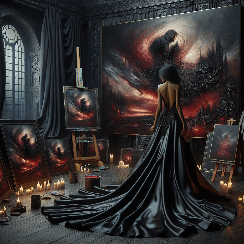 Dark Art Studio with Eerie Paintings and Gothic Elements