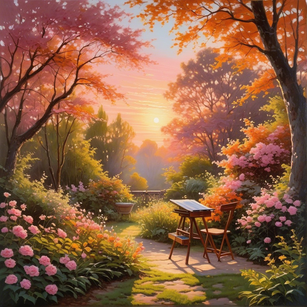 Serene garden at sunrise with autumn foliage and flowers