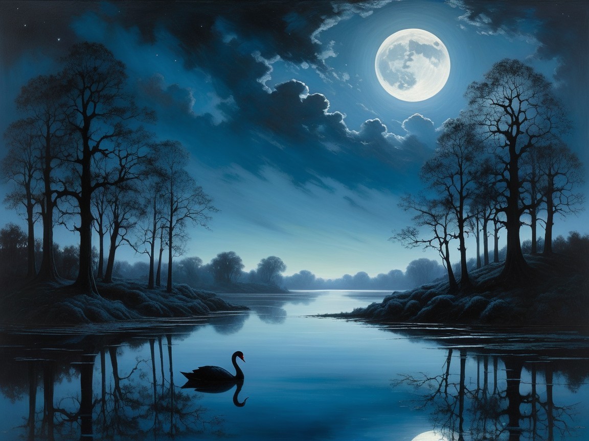 Serene Night Scene with Moonlit Lake and Swan