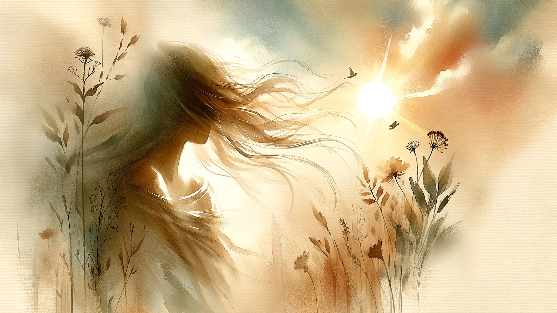 Watercolor Illustration of Woman Silhouette at Sunrise