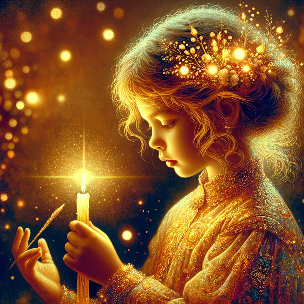 Child in Golden Dress Holding Candle and Feather
