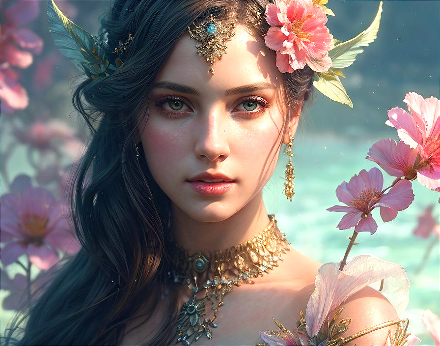 Young woman with floral accents and intricate jewelry