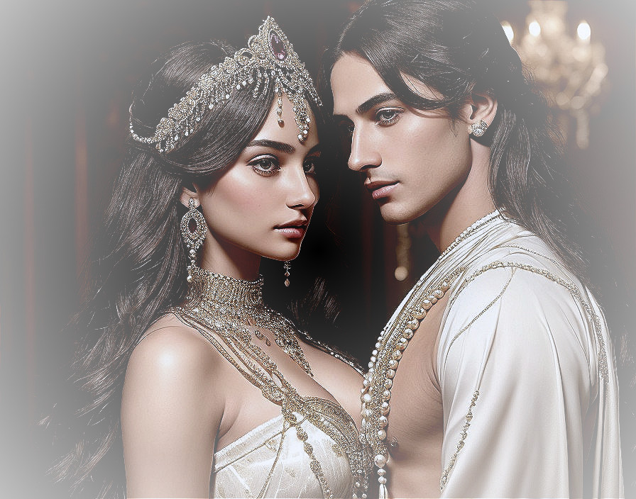 Elegant Couple in Regal Attire with Intricate Jewelry