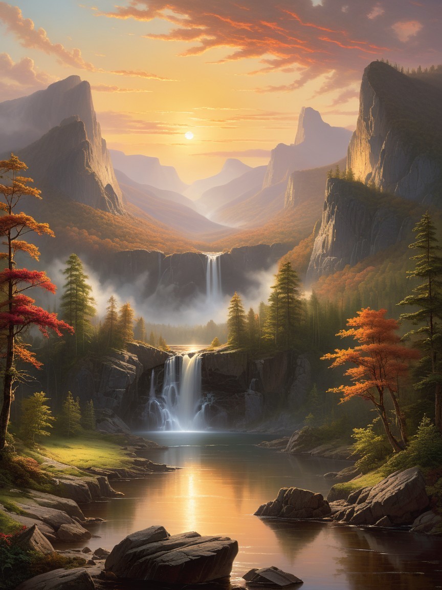 Cascading Waterfall in Autumn Landscape with Mountains