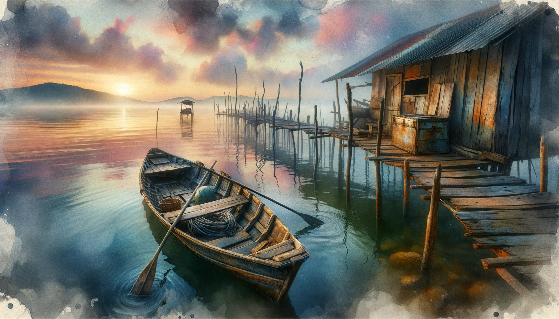 Lakeside Dawn with Wooden Boat and Tranquil Landscape
