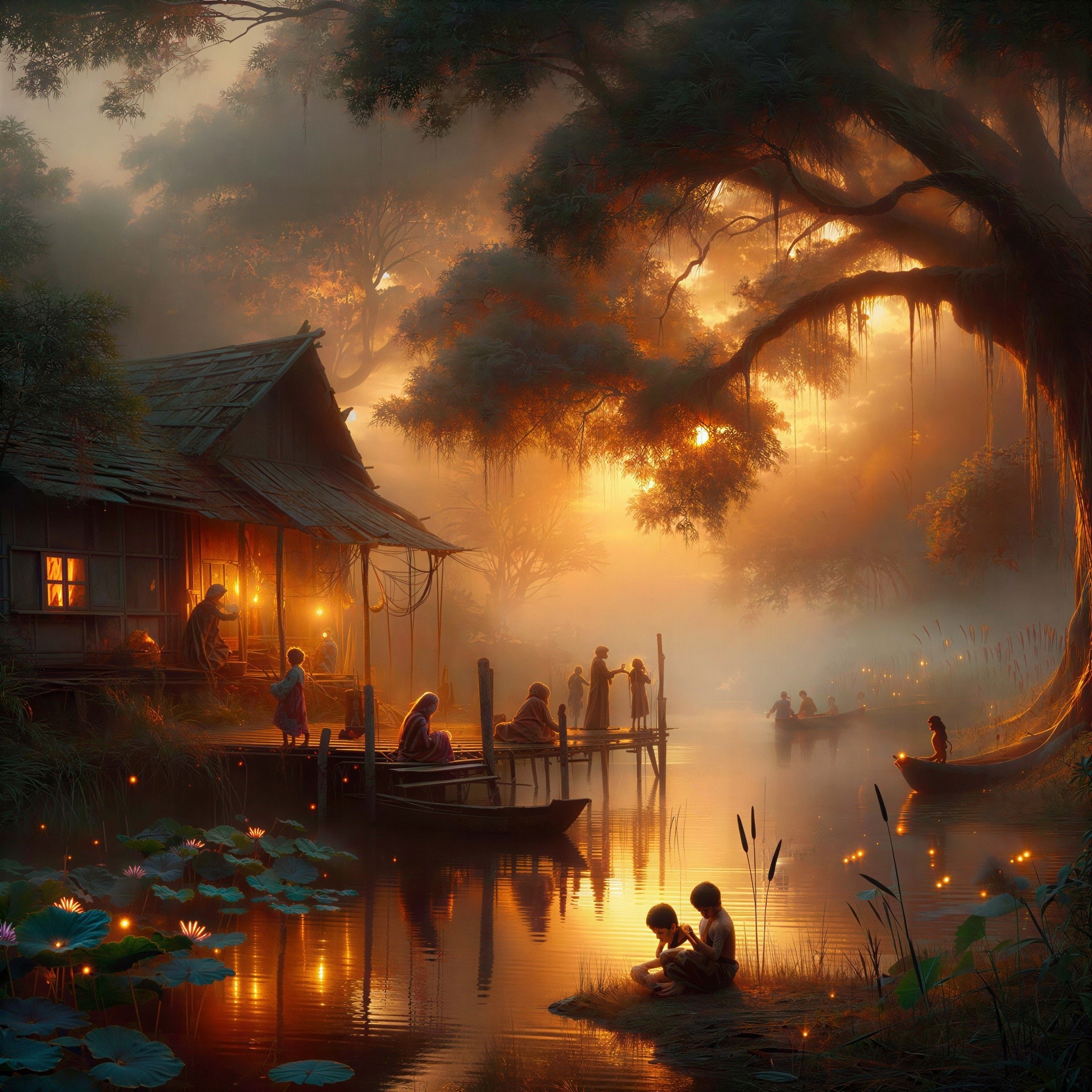 Lush swamp scene at sunset with wooden house and jetty