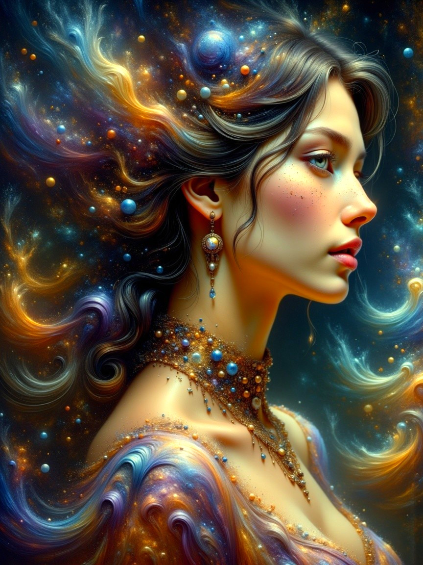 Portrait of a woman with cosmic elements and vibrant colors