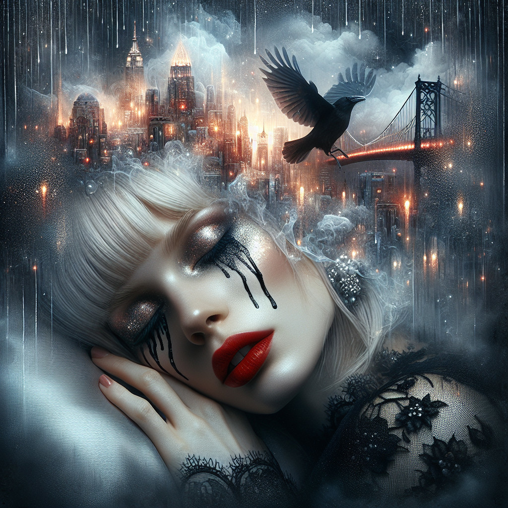 Surreal Scene of Woman with Red Lips and Silver Hair
