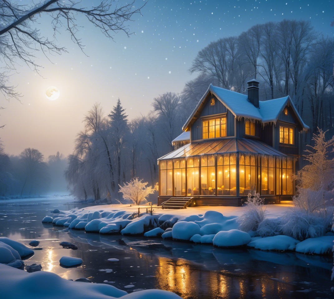 Charming House by Icy River in Winter Landscape