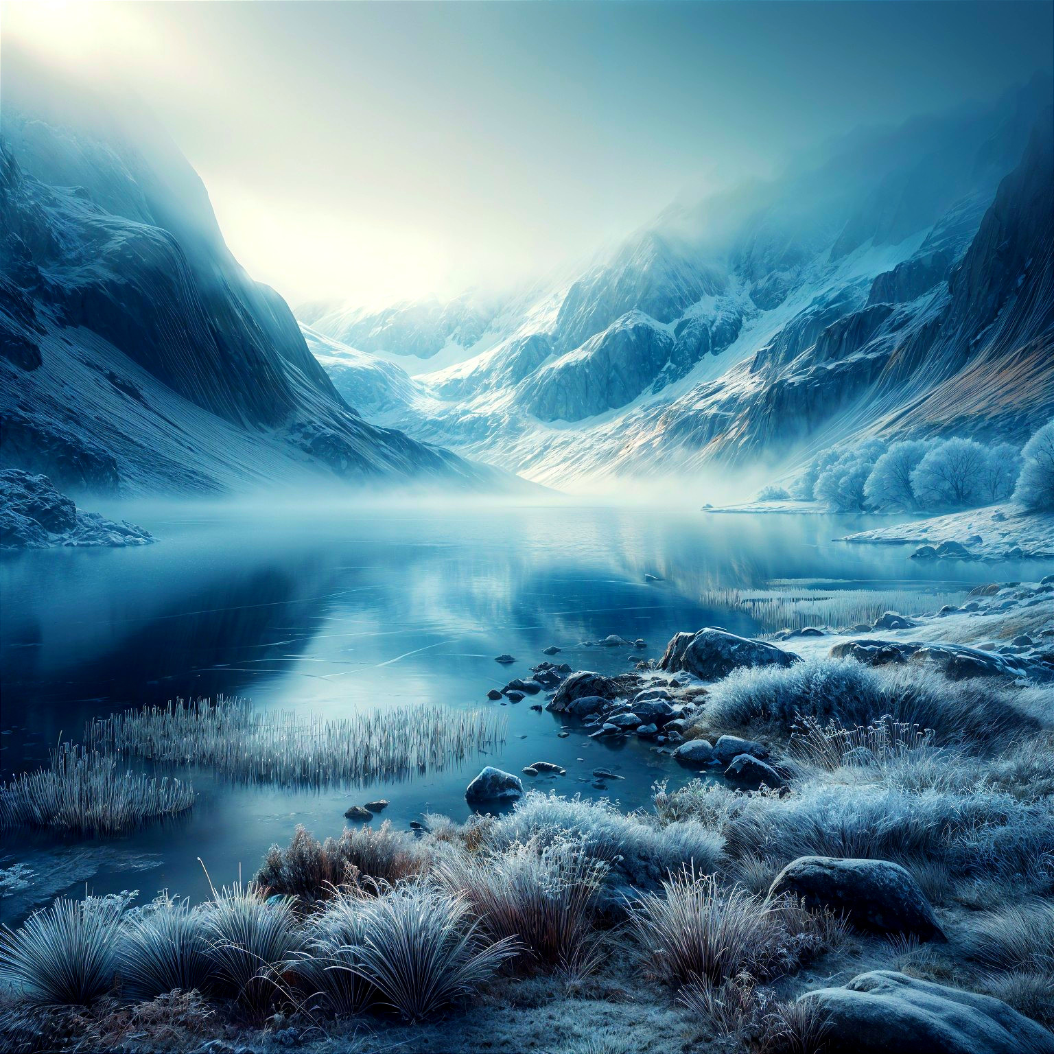 Tranquil Icy Landscape with Snow-Capped Mountains