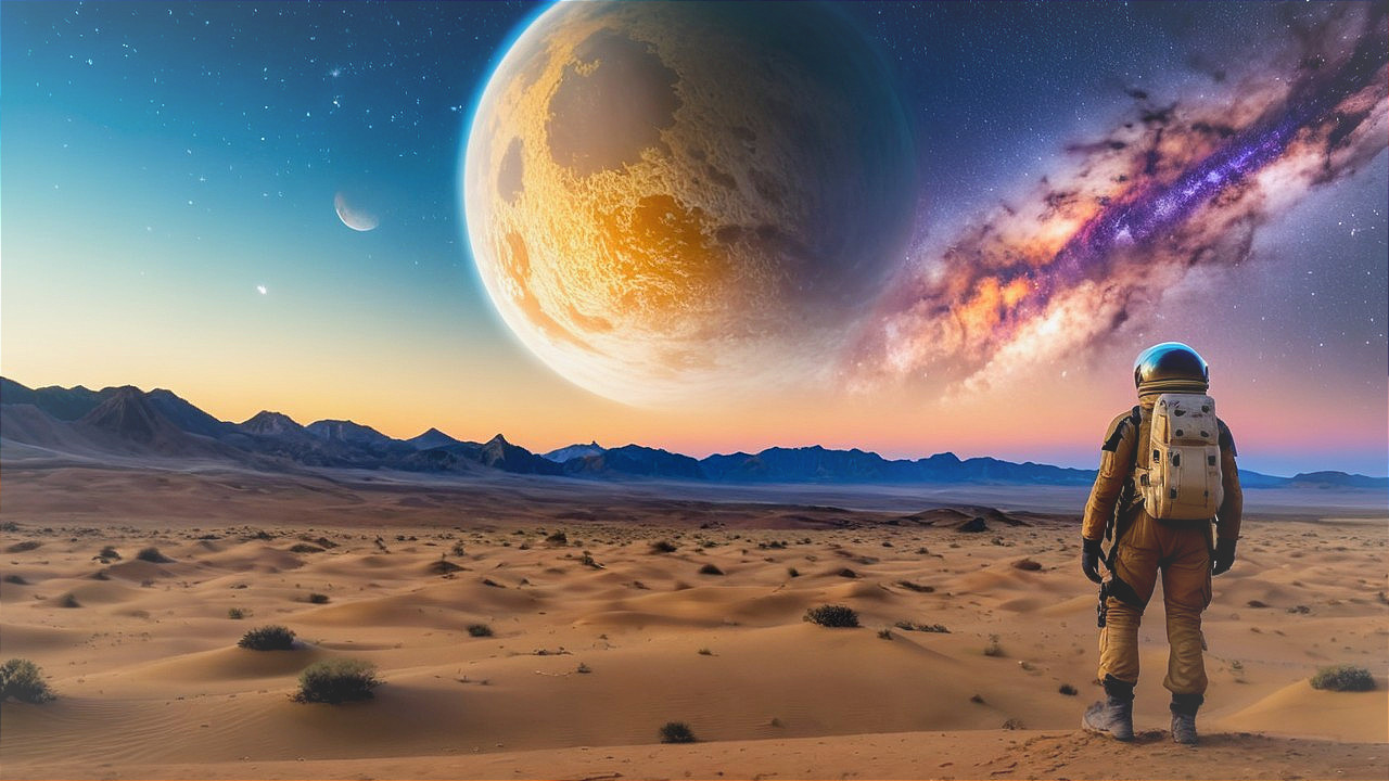 Astronaut in Desert Landscape Under Colorful Planet