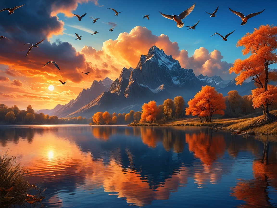 Sunset Landscape with Mountains and Serene Lake