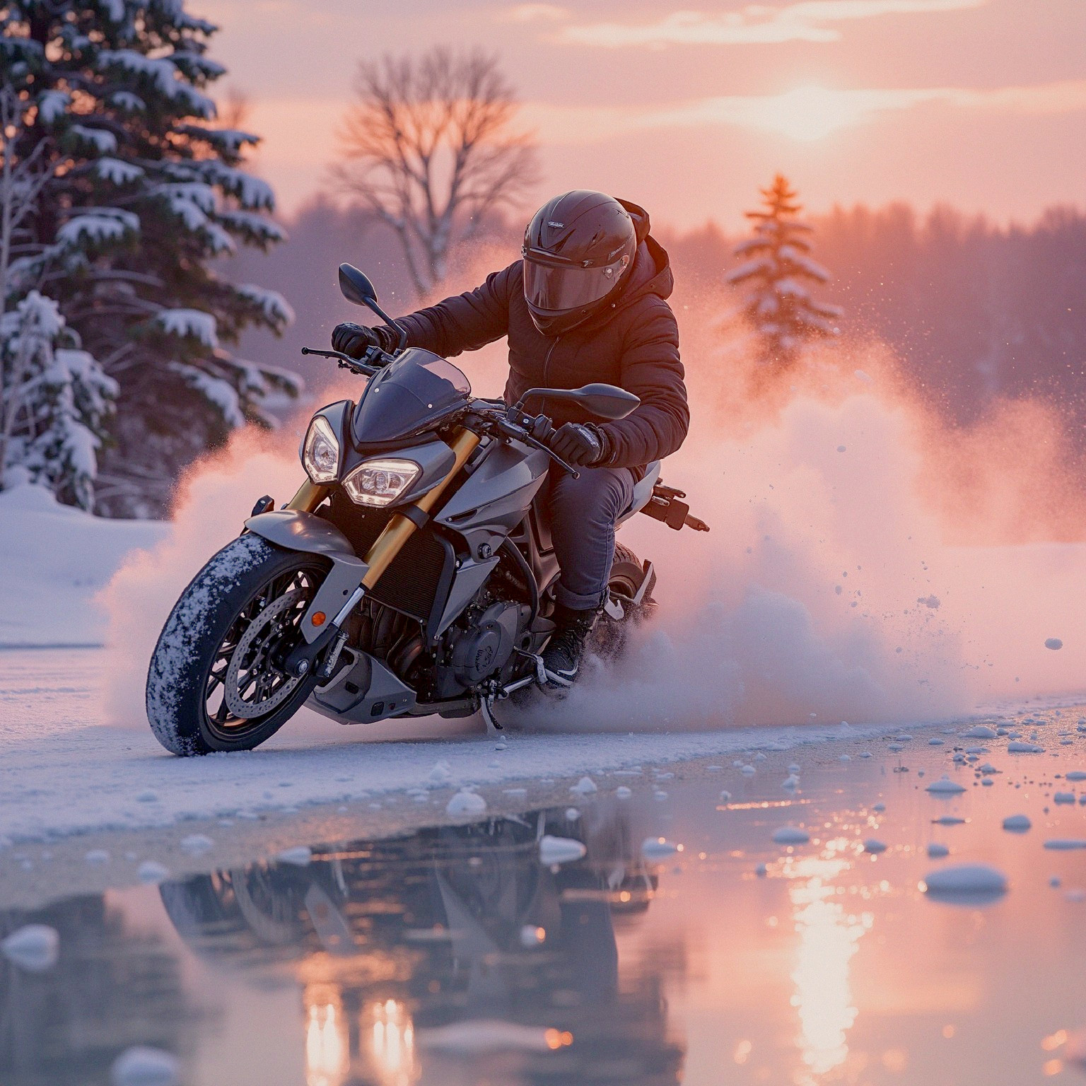 Motorcyclist Drifting in Snowy Sunset Landscape