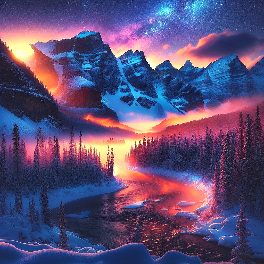 Winter Mountain Landscape at Twilight with Starry Sky