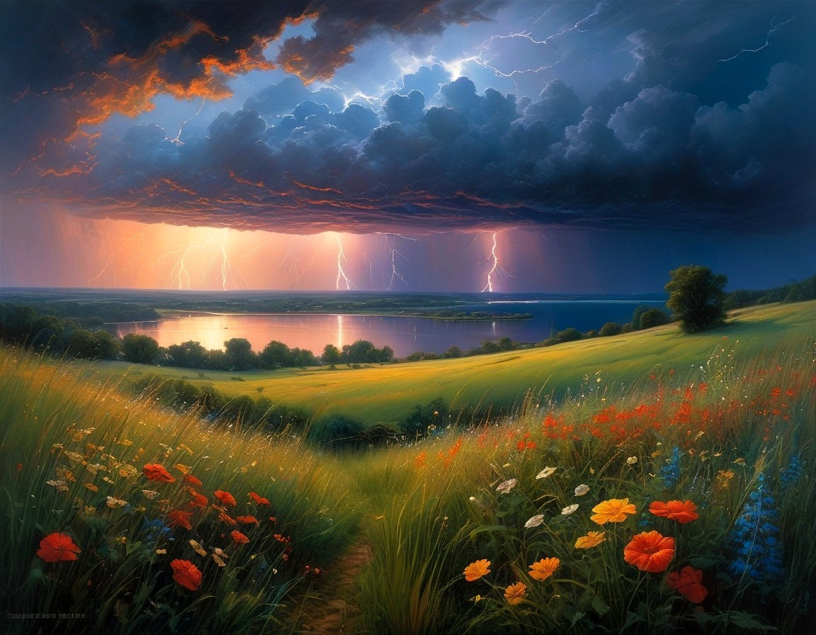 Dramatic Landscape with Stormy Sky and Serene Lake
