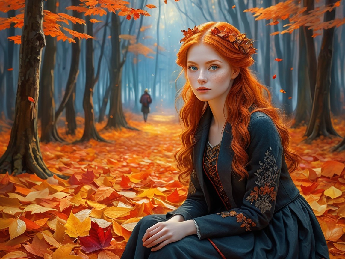 Autumn Forest Scene with Young Woman and Leaves