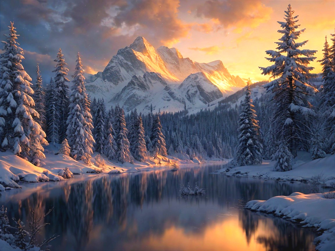 Tranquil Winter Sunset Over Snowy Landscape and Lake
