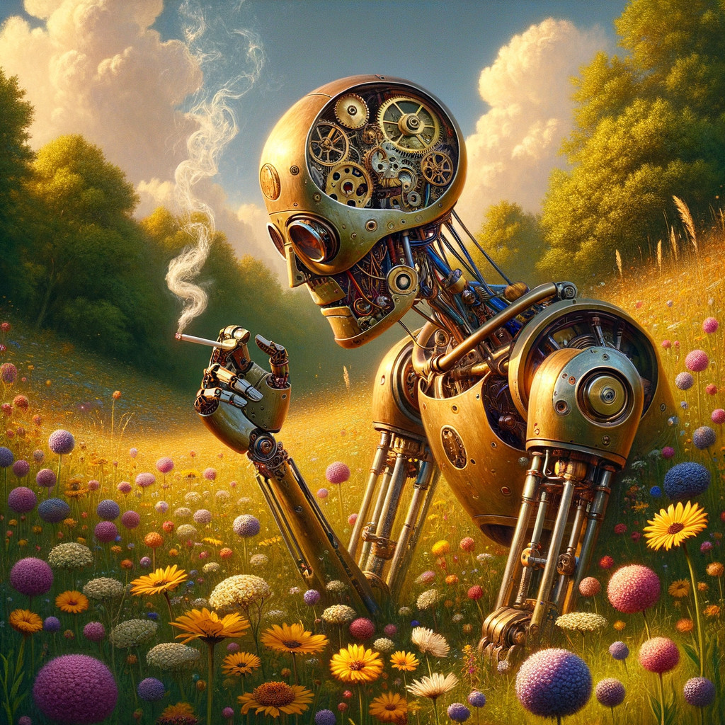 Steampunk Robot in Colorful Meadow with Flowers