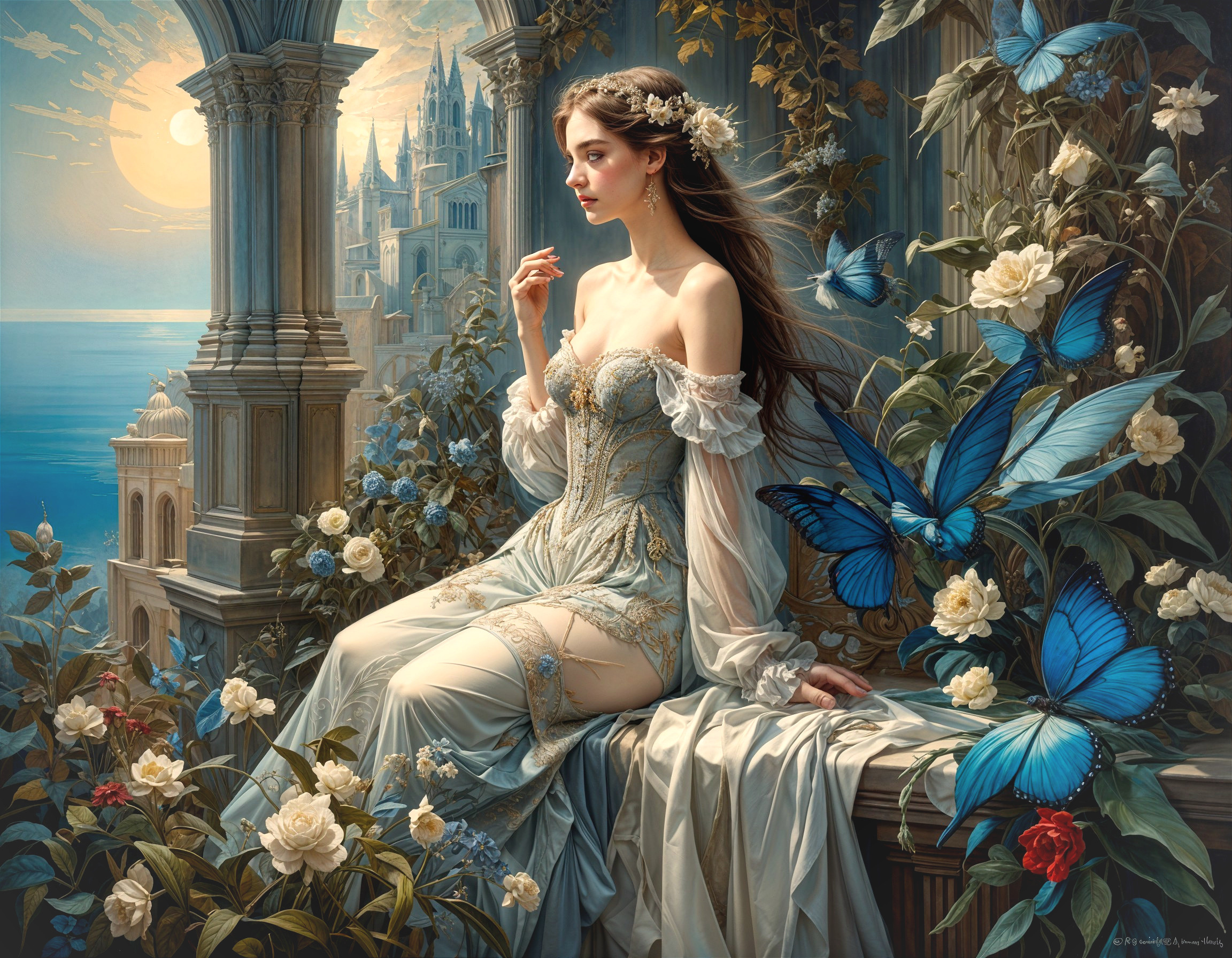 Serene Young Woman in Blue Gown by Castle Window