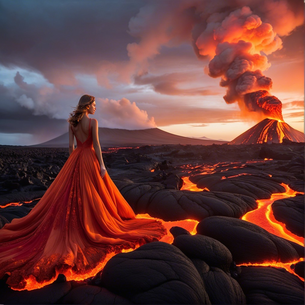 Woman in Orange Gown Against Erupting Volcano Backdrop