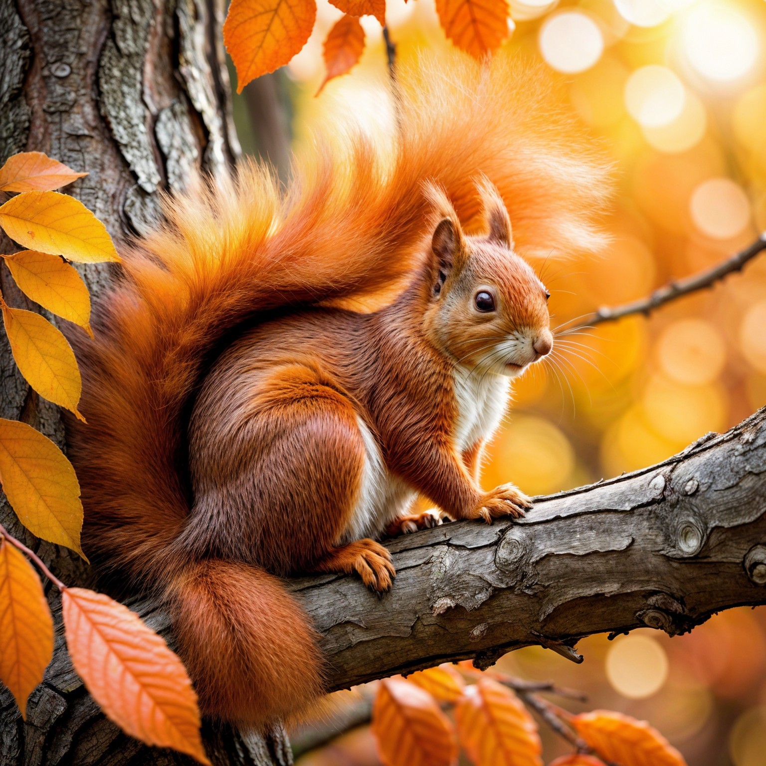 Red Squirrel on Tree Branch Amid Autumn Foliage