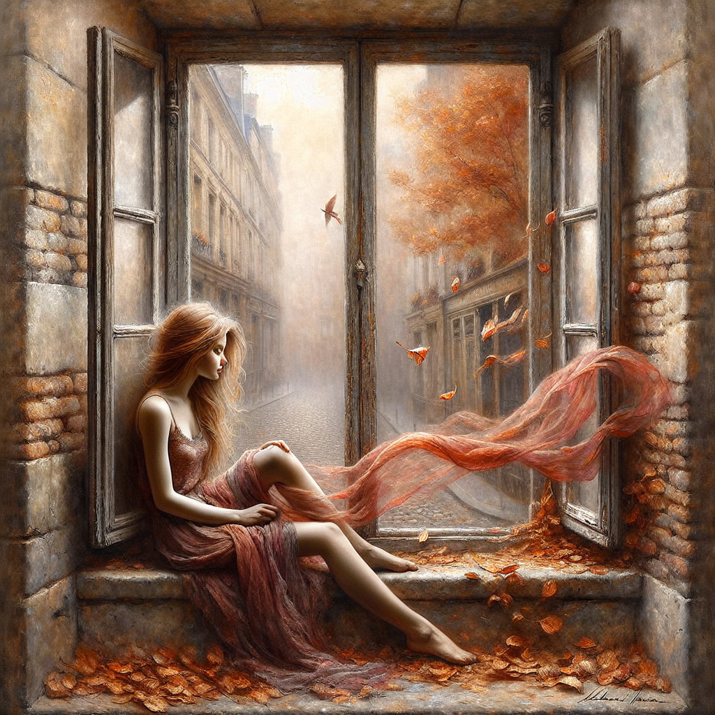 Serene Autumn Window Scene with Young Woman