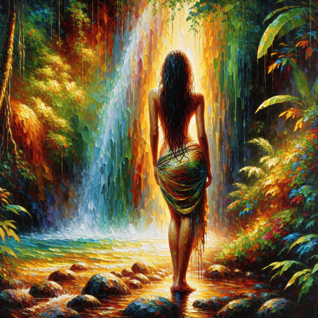 Woman in flowing garment in a vibrant jungle scene