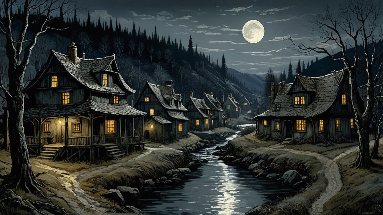 Moonlit Village Scene with Tranquil Landscape
