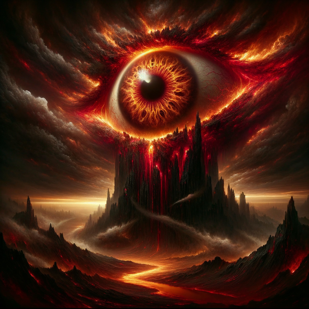 Colossal Eye in Dark Sky Over Volcanic Landscape