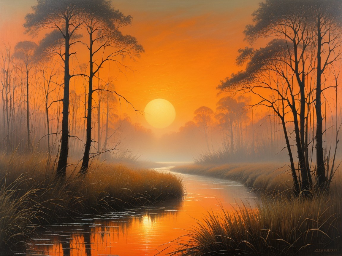 Tranquil River Landscape at Sunset with Mist