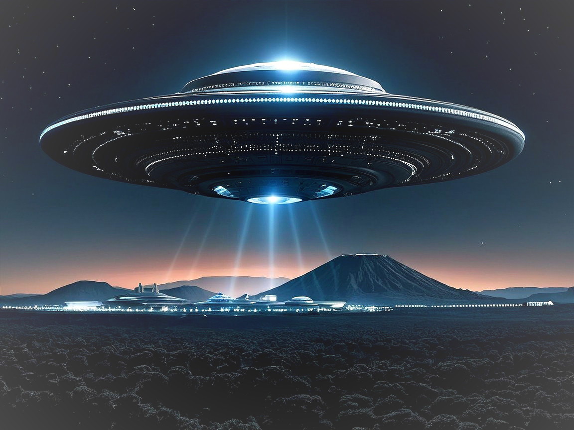 Futuristic UFO Over Serene Volcanic Landscape at Twilight