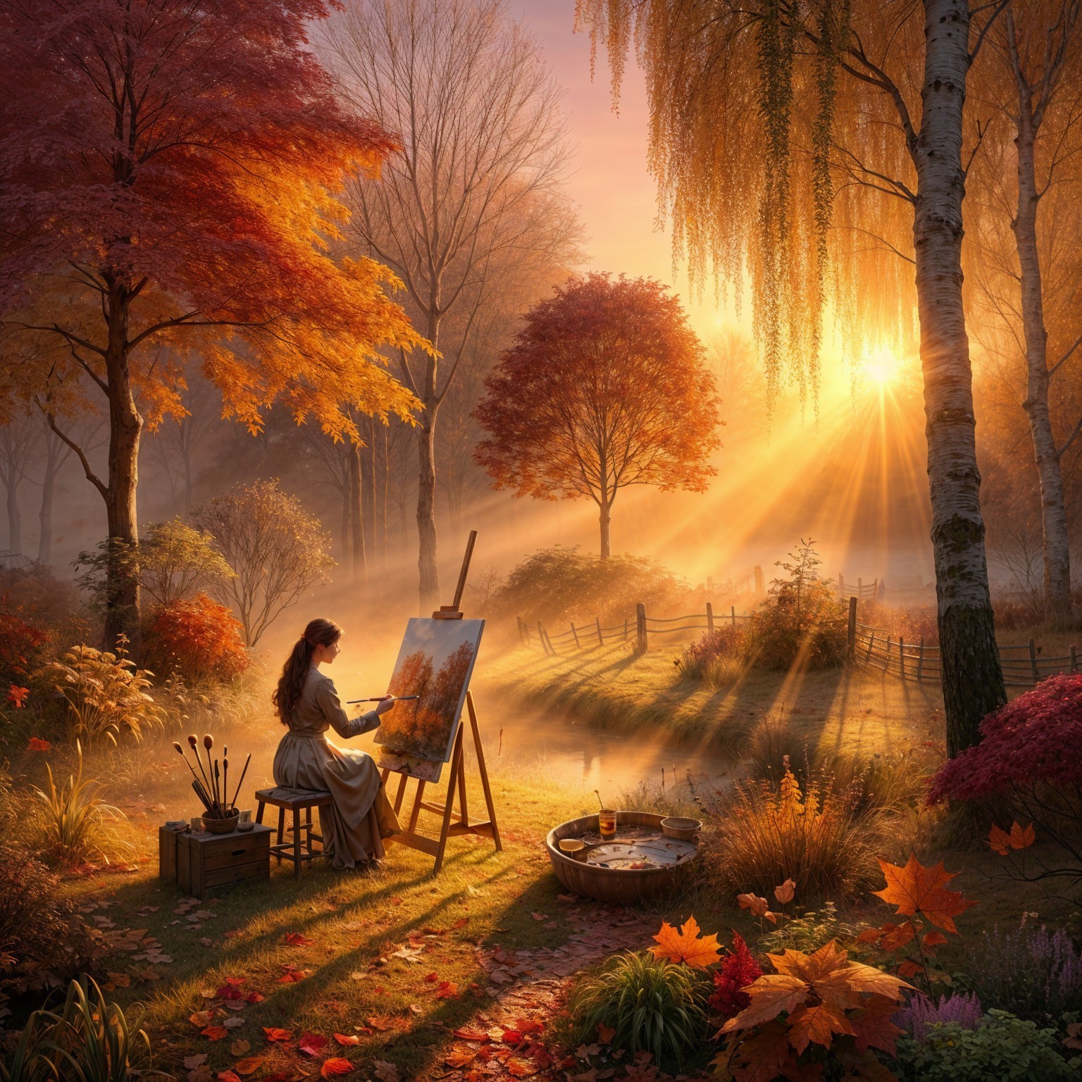 Autumn Scene of Woman Painting Among Fall Foliage