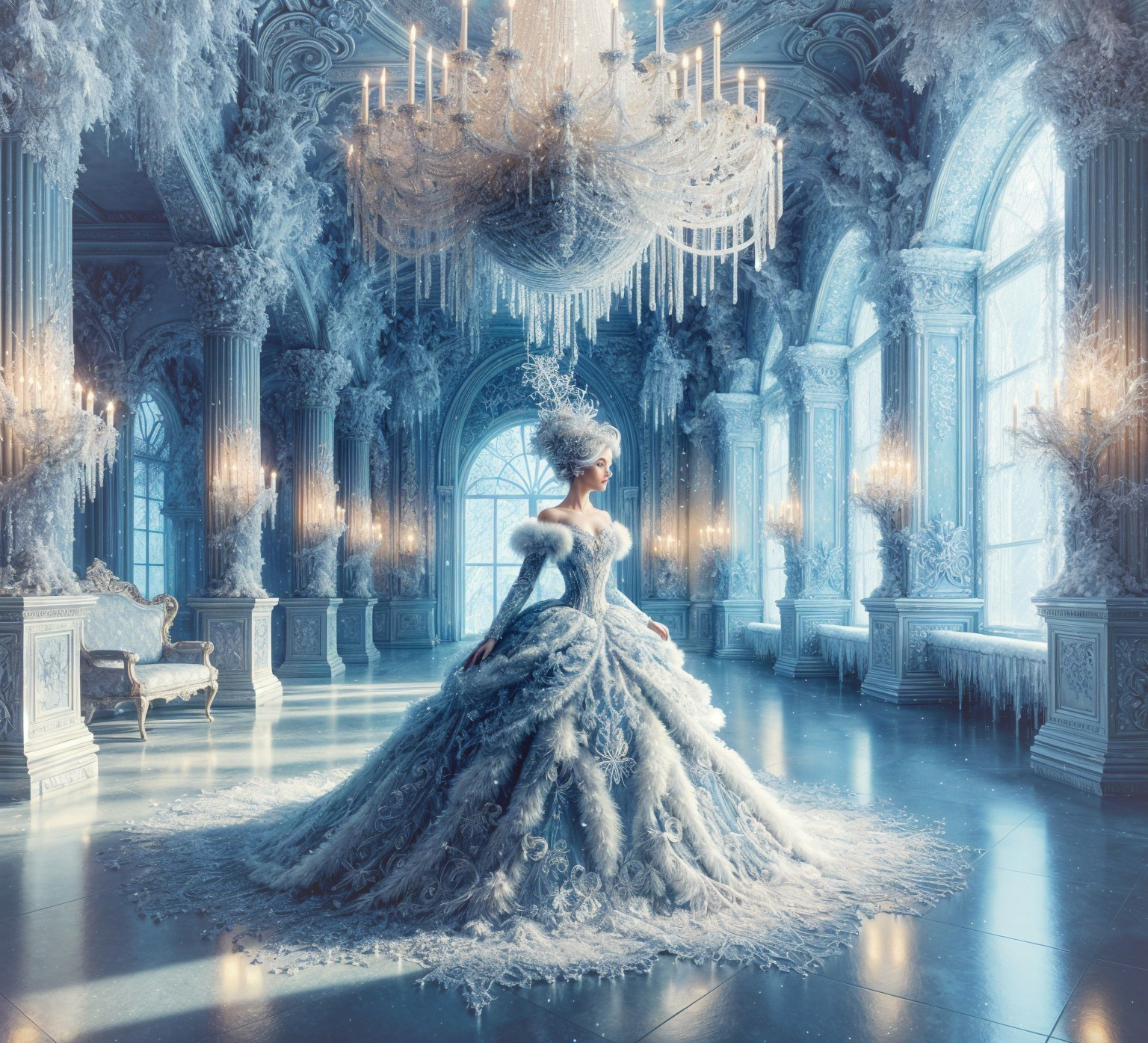 Regal Figure in Opulent Icy Palace with Gown Details
