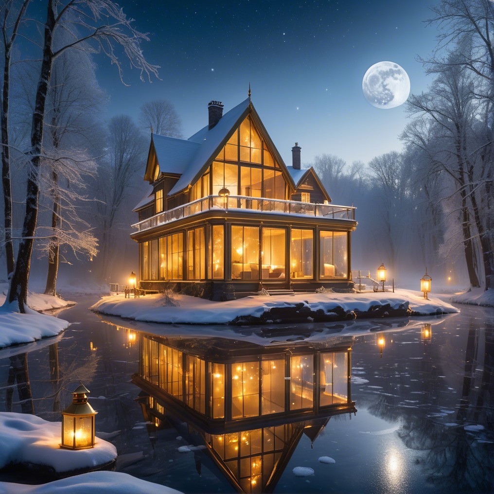 Modern cabin by a frozen pond in a winter night scene