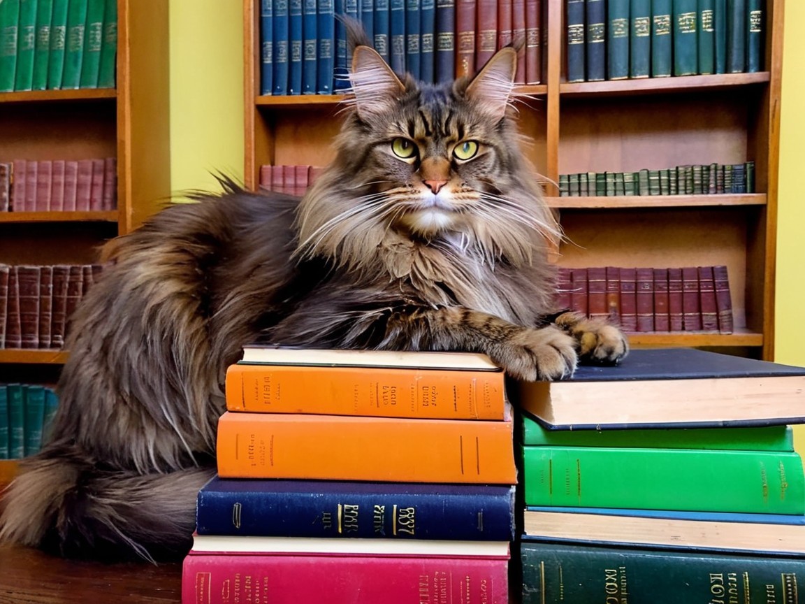Maine Coon Cat on Vintage Books in Cozy Library