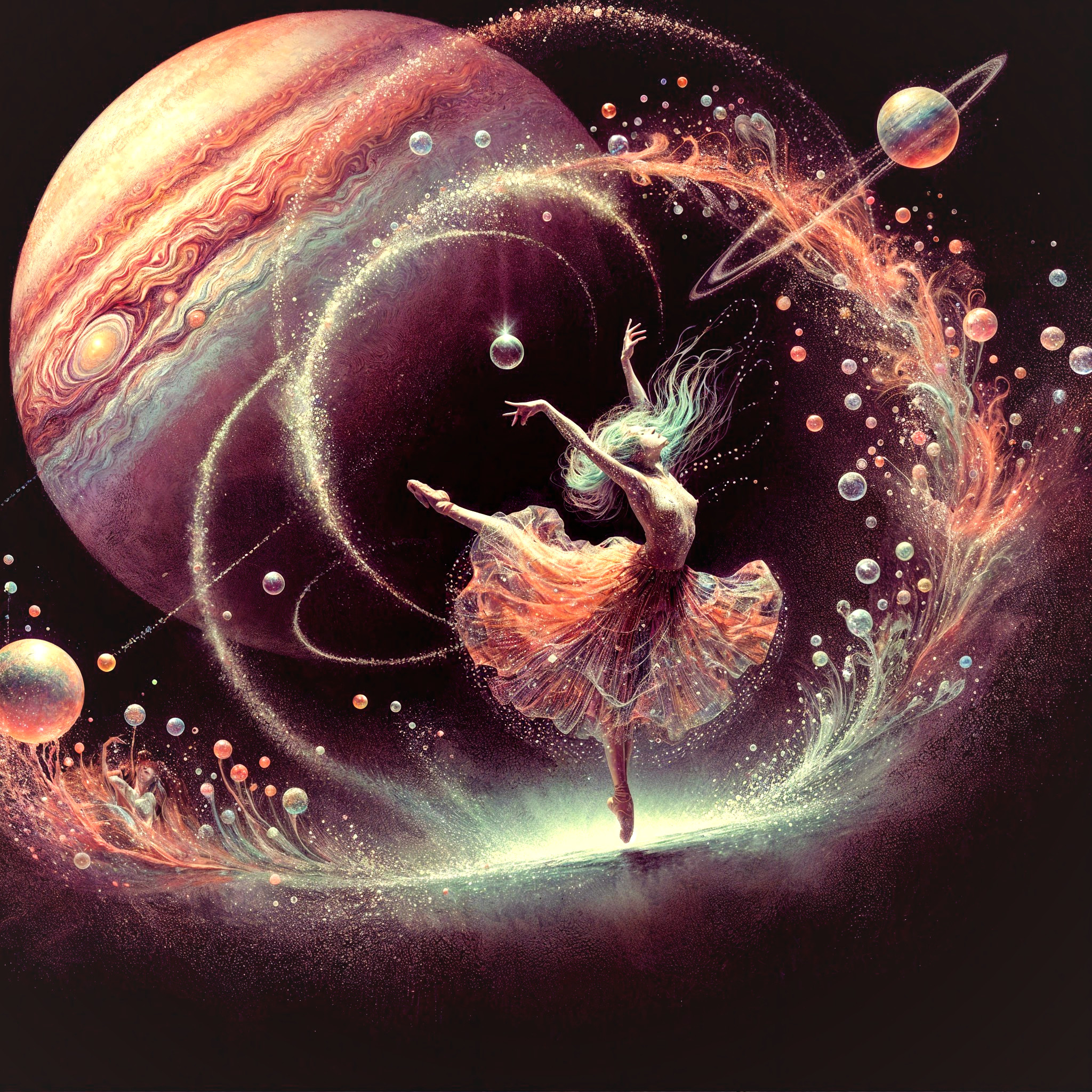 Dancer in Cosmic Scene with Galaxies and Planets