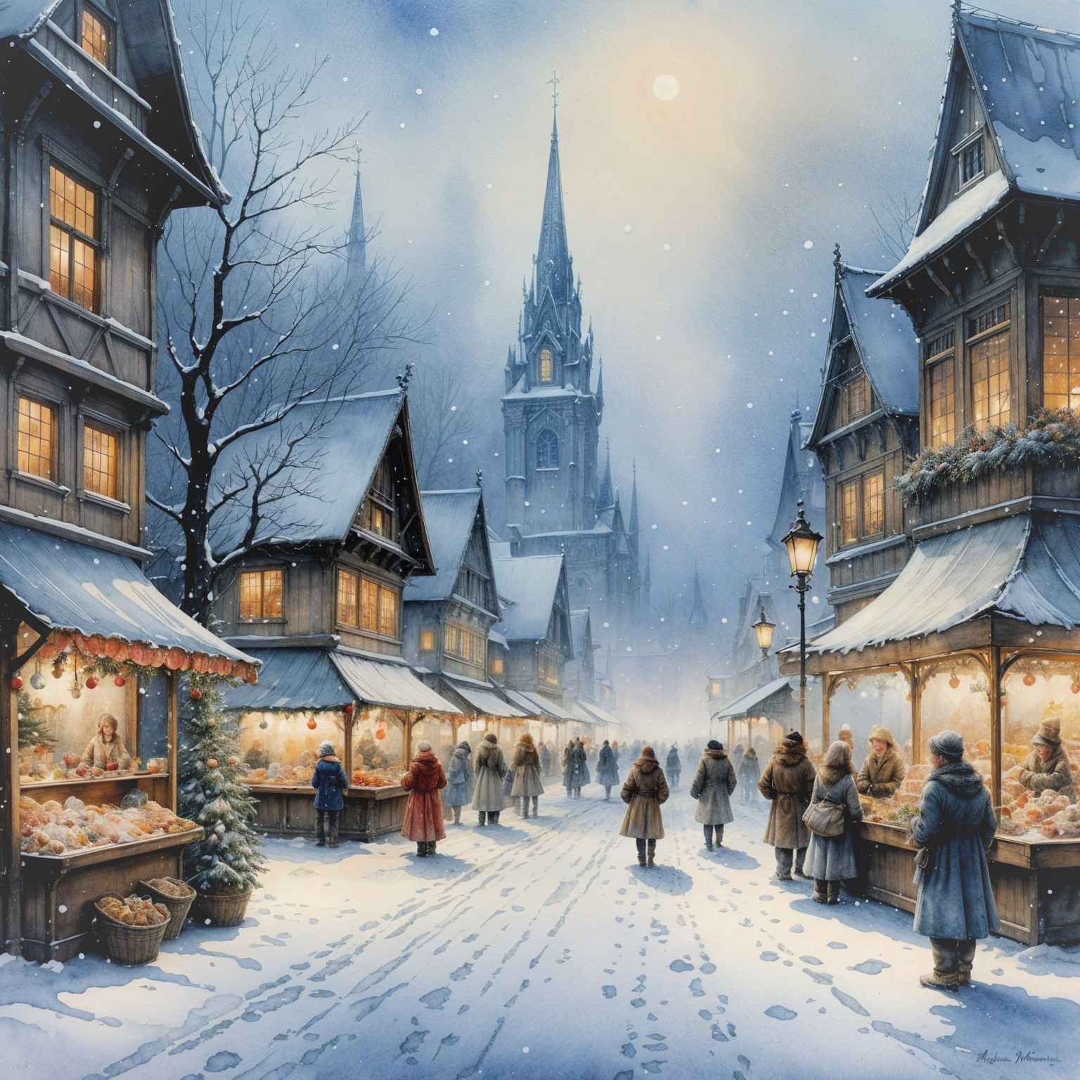 Winter Market Square Scene with Snow and Shoppers